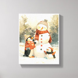 Cute Penguins & Snowman – Cozy Winter Watercolor Canvas Afdruk