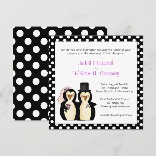 Cute Penguins Wedding Invitation Kaart (Voorkant / Achterkant)