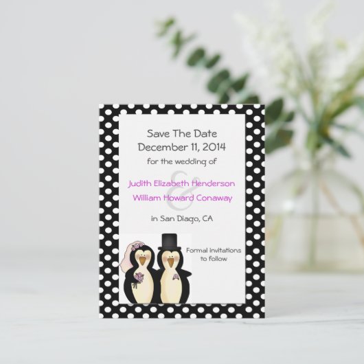 Cute Penguins Wedding Save the Date Announding (Staand voorkant)