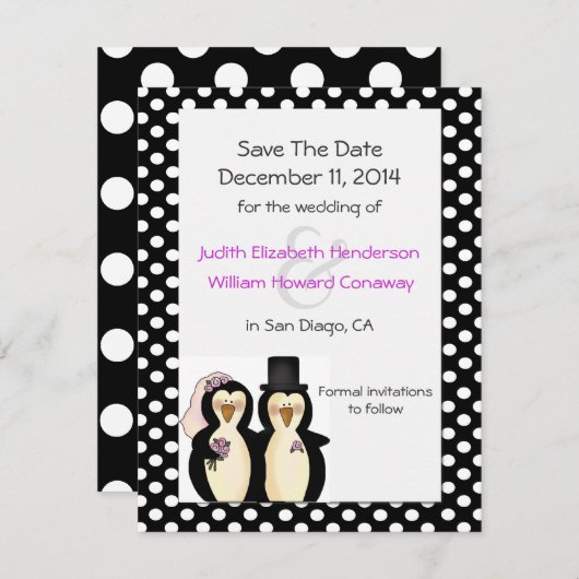 Cute Penguins Wedding Save the Date Announding (Voorkant / Achterkant)