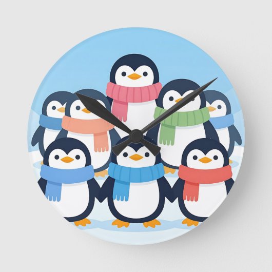 Cute Penguins Winter Scarves Group Hug Ronde Klok (Voorkant)