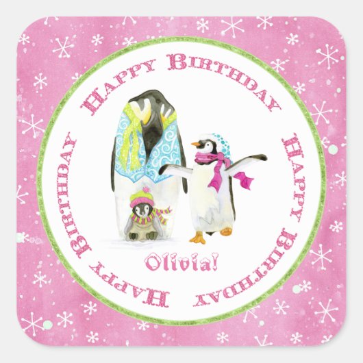 Cute Penguins Winter Waterverf Birthday Party Vierkante Sticker (Voorkant)
