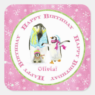Cute Penguins Winter Waterverf Birthday Party Vierkante Sticker