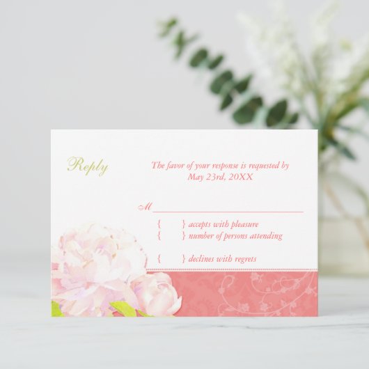 Cute Peony Spring Coral Wedding RSVP (Staand voorkant)