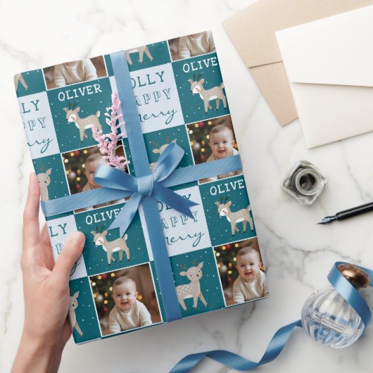 Cute Personalized Baby Photo Reindeer Christmas Cadeaupapier (Geschenken)
