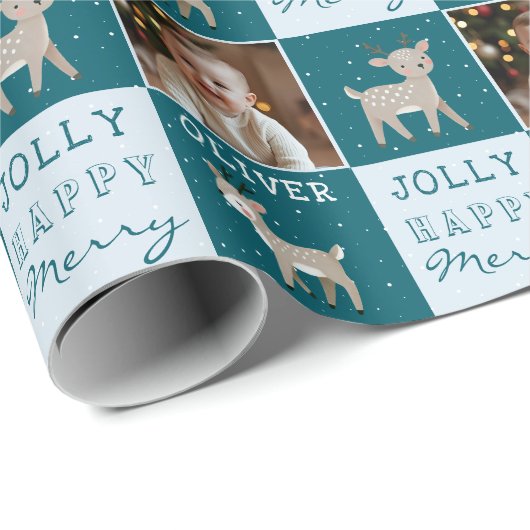 Cute Personalized Baby Photo Reindeer Christmas Cadeaupapier (Rol Hoek)