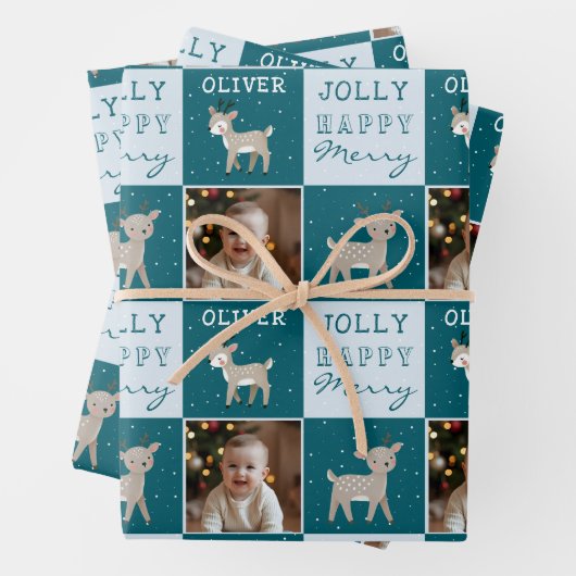 Cute Personalized Baby Photo Reindeer Christmas Inpakpapier Vel (In situ)