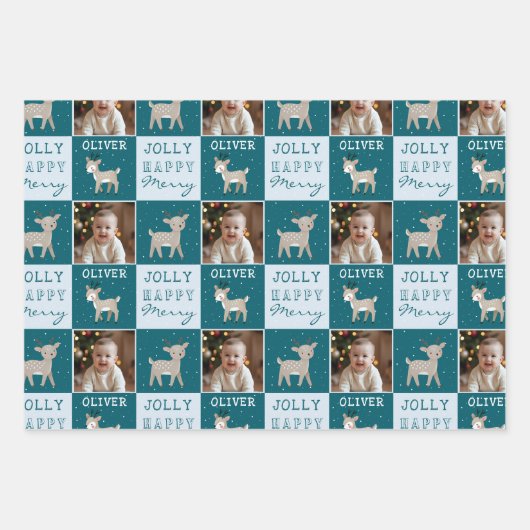 Cute Personalized Baby Photo Reindeer Christmas Inpakpapier Vel (Voorkant)