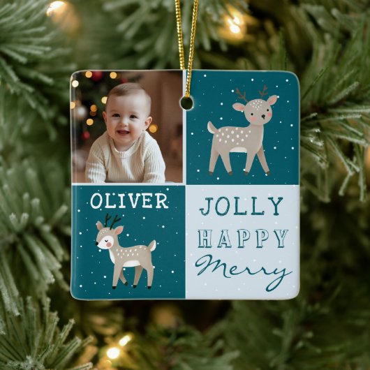 Cute Personalized Baby Photo Reindeer Christmas Keramisch Ornament (Boom)