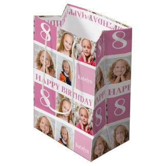 Cute Personalized Birthday Girl Photo Collage Pink Medium Cadeauzakje
