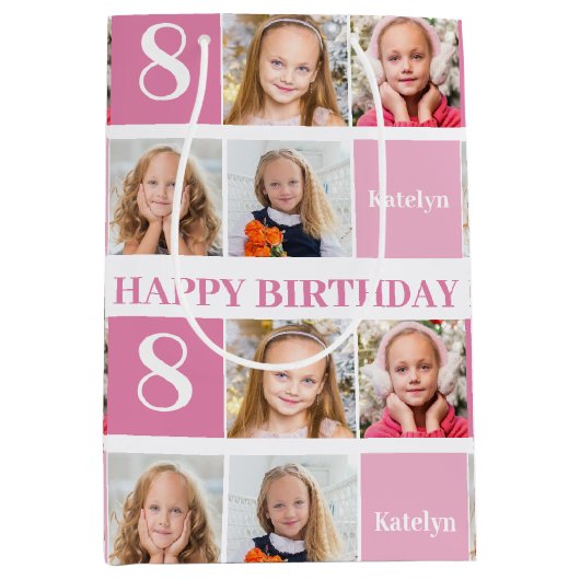 Cute Personalized Birthday Girl Photo Collage Pink Medium Cadeauzakje (Voorkant)