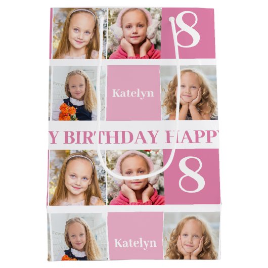 Cute Personalized Birthday Girl Photo Collage Pink Medium Cadeauzakje (Achterkant)