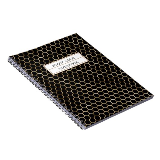 Cute Personalized Black Gold Honeycomb Bee Pattern Notitieboek (Rechterzijde)