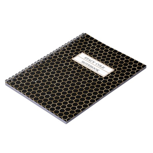 Cute Personalized Black Gold Honeycomb Bee Pattern Notitieboek (Linkerzijde)