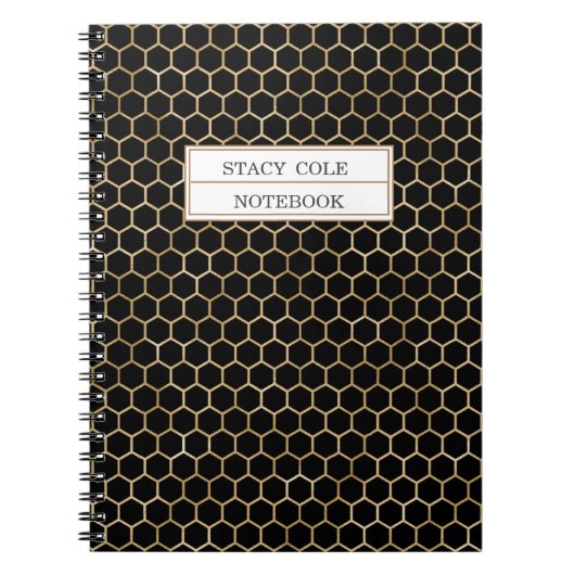 Cute Personalized Black Gold Honeycomb Bee Pattern Notitieboek (Voorkant)