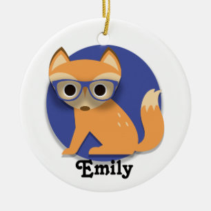 Cute Personalized Brown Fox w/ Glasses Blue Keramisch Ornament