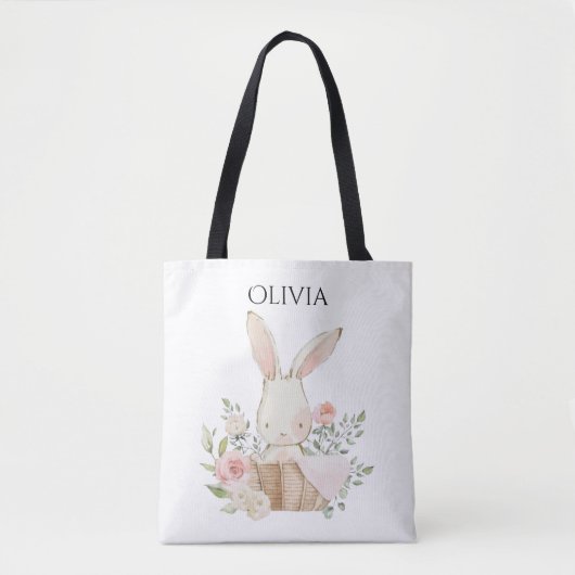 Cute Personalized Bunny Rabbit in Basket Tote Bag (Voorkant)