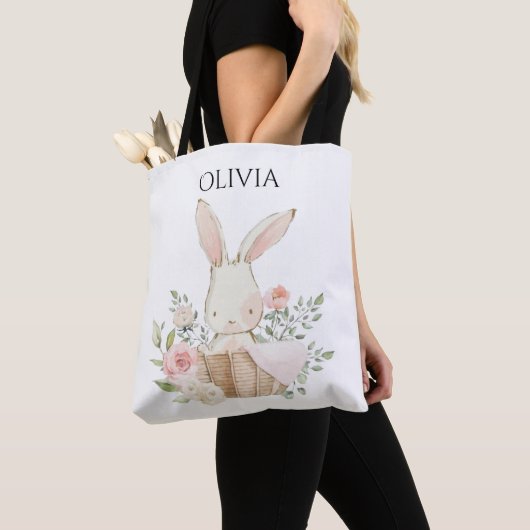 Cute Personalized Bunny Rabbit in Basket Tote Bag (Dichtbij)