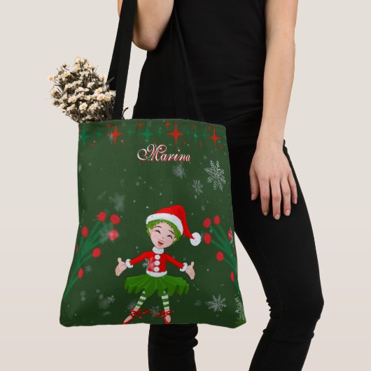 Cute Personalized Christmas Elf Girl Ballet Tote Bag (Dichtbij)