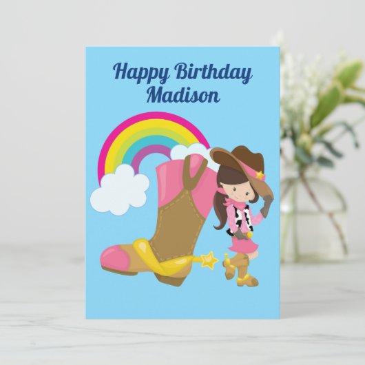 Cute Personalized Cowgirl Rainbow Happy Birthday Kaart (Staand voorkant)