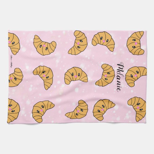 Cute Personalized Croissants Breakfast Bakery Food Theedoek (Horizontaal)