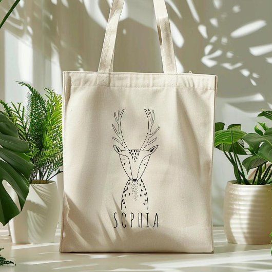 Cute Personalized Deer Kinder Black White Tote Bag