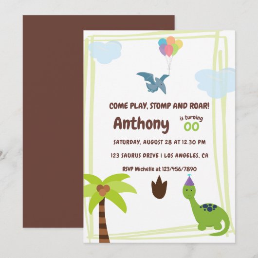 Cute Personalized Dinosaur the Party Invitation Kaart (Voorkant / Achterkant)