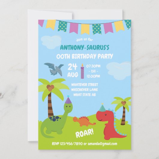 Cute Personalized Dinosaur the Party Kaart (Voorkant)