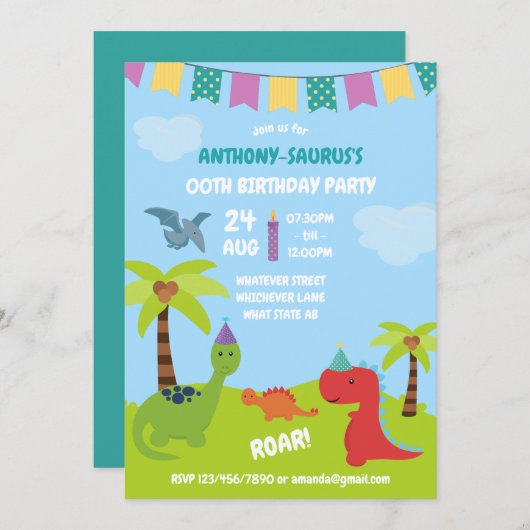 Cute Personalized Dinosaur the Party Kaart (Voorkant / Achterkant)