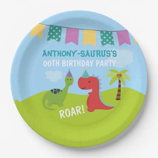 Cute Personalized Dinosaur the Party Papieren Bordje (Voorkant)
