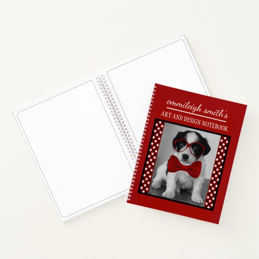 Cute Personalized Dog Glasses Black Red Polka Dots Notitieboek (Binnen)