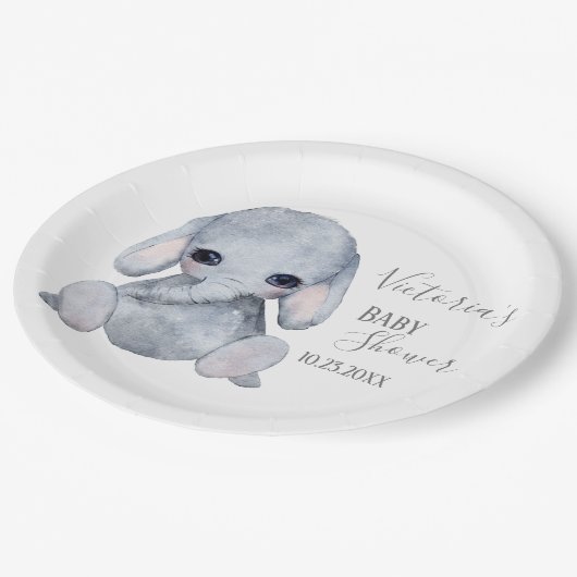 Cute Personalized Elephant Name Date Waterverf Papieren Bordje (Gekanteld)