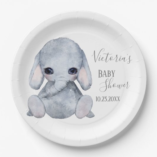 Cute Personalized Elephant Name Date Waterverf Papieren Bordje (Voorkant)