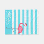 Cute Personalized Flamingo Tropical Blue Stripe Fleece Deken (Voorkant (Horizontaal))