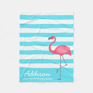 Cute Personalized Flamingo Tropical Blue Stripe Fleece Deken
