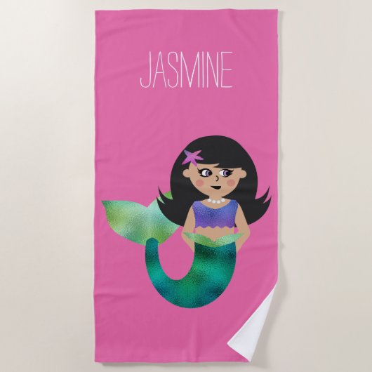 Cute Personalized Girls Latino Faux Mermaid Strandlaken (Voorkant)
