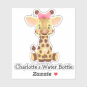 Cute Personalized Girls Name Giraffe Water Bottle Sticker (Vel)