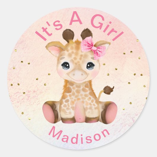 Cute Personalized Girls Pink Baby Giraffe Sticker (Voorkant)