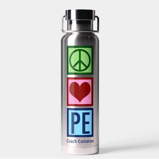 Cute Personalized Gym Teacher Peace Love P.E. Waterfles (Achterkant)