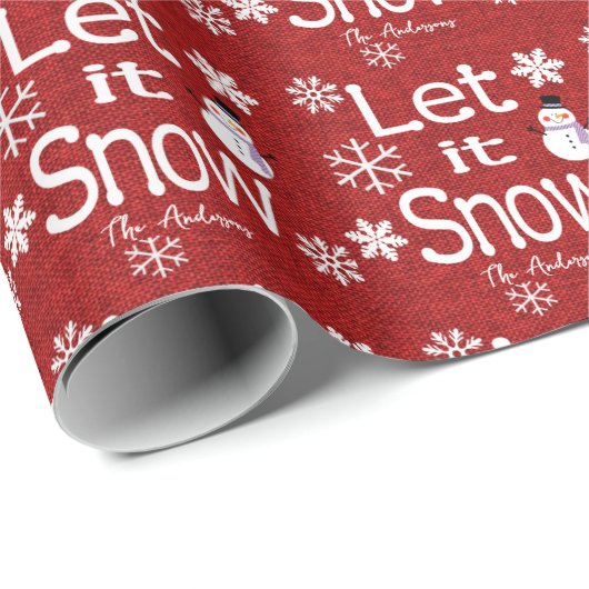 Cute Personalized Let it Snow Red Linen Snowman Cadeaupapier (Rol Hoek)