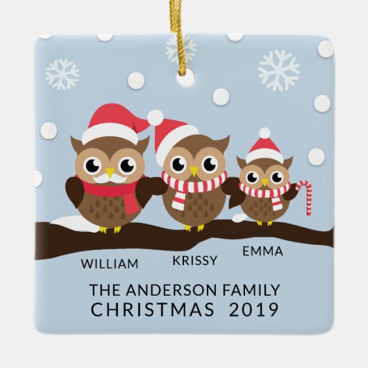 CUTE Personalized Owl Familie van 3 Kerstmis Keramisch Ornament (Voorkant)