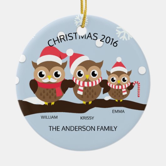 CUTE Personalized Owl Familie van 3 Kerstmis Keramisch Ornament (Voorkant)
