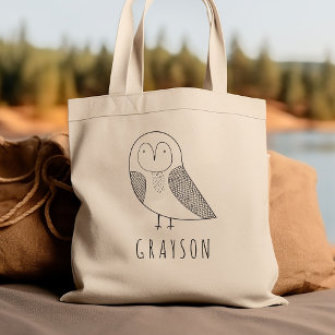 Cute Personalized Owl Kinder Black White Tote Bag