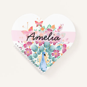 Cute Personalized Peacock Floral Notitieboek