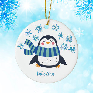 Cute Personalized Penguin Blue Snowflake Kerstmis Keramisch Ornament
