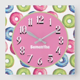 Cute Personalized Pink Blue Green Doughnuts Vierkante Klok