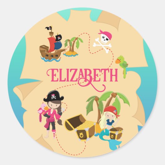 Cute Personalized Pink Pirate Girl Ronde Sticker (Voorkant)