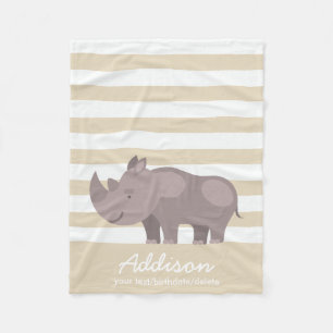 Cute Personalized Rhinoceros Oerwoud Tan Stripe Fleece Deken