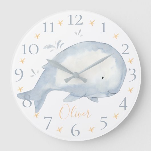 Cute Personalized Waterverf Baby Whale Nautical Grote Klok (Voorkant)