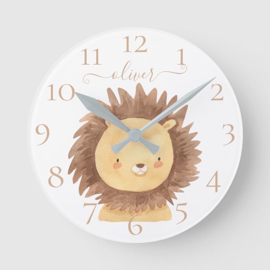 Cute Personalized Waterverf Lion Baby Nursery Kind Ronde Klok (Voorkant)